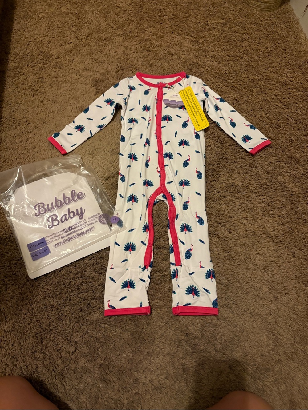 Bubble Baby White Peacock-Print Footie with Pink Trim